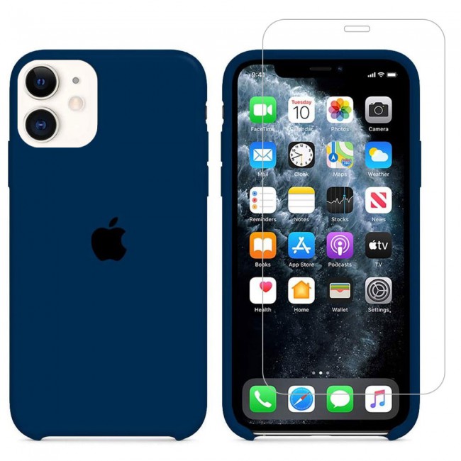 Margoun 2Pack Apple iPhone 12 and 12 Pro Silicone Case Cover and Clear Screen Protector - Dark Blue