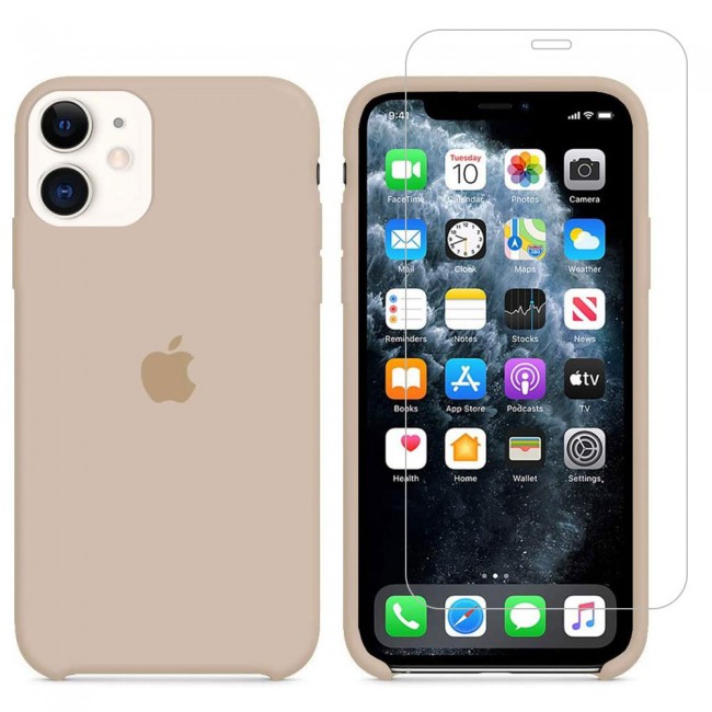 Margoun 2Pack Apple iPhone 12 and 12 Pro Silicone Case Cover and Clear Screen Protector - Taupe