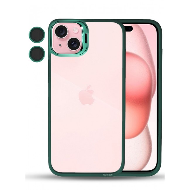 MARGOUN iPhone 15 Plus Case Cover and Lens Protector Built-in Camera Stand and Compatible with MagSafe Full Body Shockproof Case Clear Green