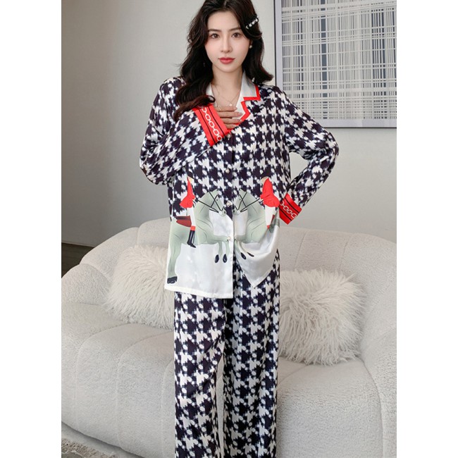 MARGOUN Large Size High Quality Women's Silk Pajamas Satin Long Sleeve Pants Set Plaid Print Cardigan Lapel Home Clothes MG15