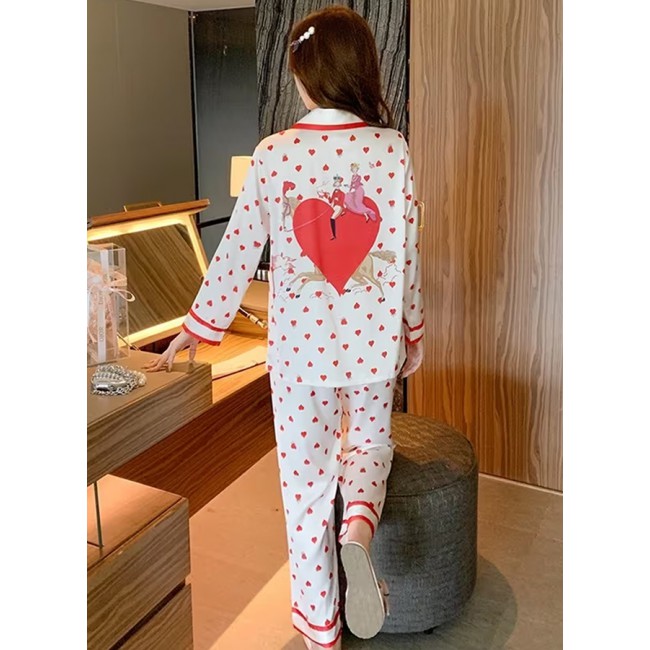 MARGOUN Women XXL Pajamas Sleepwear Suit Homewear Lounge Ice Silk Shirt Pant Two Pieces Long Sleeves Shirt and Pants Heart Print Pajamas Set MG12
