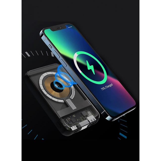 MARGOUN 10000mAh Transparent Maganetic Wireless Power Bank Fast Charging Buit-in 3-in-1 Cables Digital Display Black/Lithium Polymer
