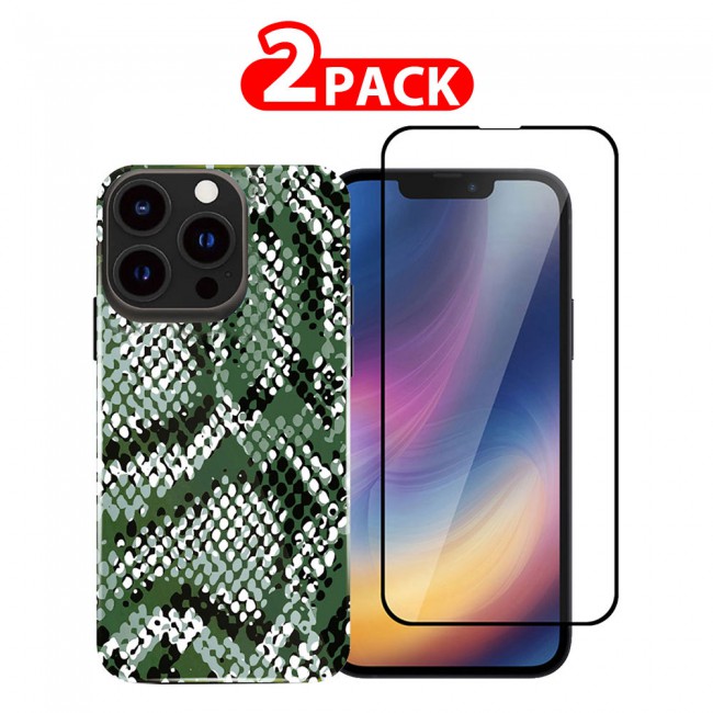 MARGOUN 2 Pack for iPhone 13 Pro Max Case Cover with Screen Protector Tempered Glass, Full Protection Back Case Snake Skin Leather - Dark Green