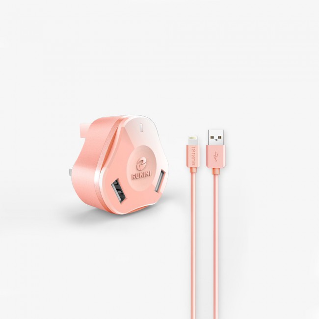 RUKINI Power Adapter Dual USB Wall Charger CobraPlus COPL402H with 1.5m/5ft Lightning Cable – Black , White , Coral