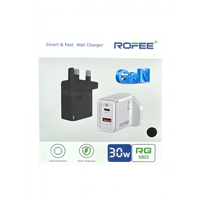 Rofee Dual Port Wall Charger 30W USB C and USB A Adapter Super Fast Charging Block Charger 3 Pins Adapter Black
