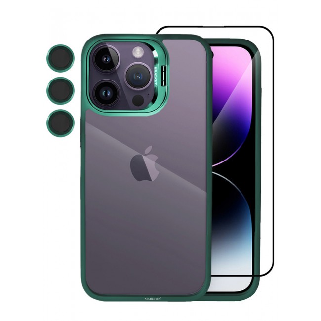 CATANES 2 Pack iPhone 14 Pro Case Cover and Lens Protector and Screen Protector Built-in Camera Stand and Compatible with MagSafe Full Body Shockproof Case Clear Green
