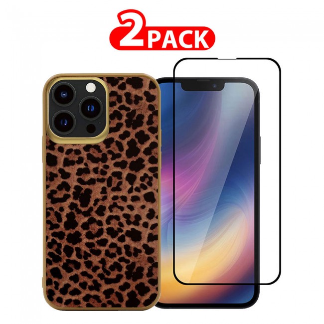 MARGOUN 2 Pack for iPhone 13 Pro Max Case Cover with Screen Protector Tempered Glass, Full Protection Back Case Glamorous Collection Leopard - Brown