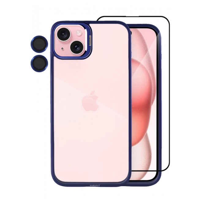 CATANES 2 Pack iPhone 15 Plus Case Cover and Lens Protector and Screen Protector Built-in Camera Stand and Compatible with MagSafe Full Body Shockproof Case Clear Blue