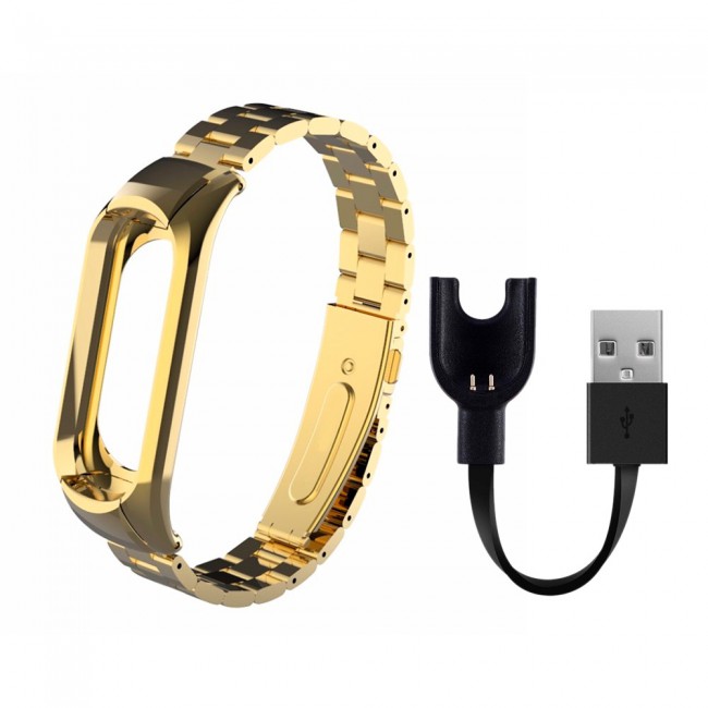 Margoun Metal Buckle Replacement Strap for Xiaomi Mi Band 3 / Mi 3 Band with USB Charger Cable