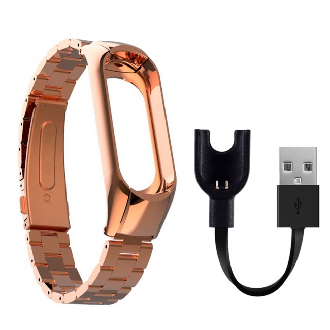 Margoun Metal Buckle Replacement Strap for Xiaomi Mi Band 3 / Mi 3 Band with USB Charger Cable