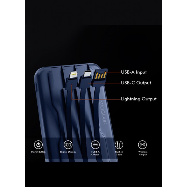 MARGOUN 10000mAh Transparent Maganetic Wireless Power Bank Fast Charging Buit-in 3-in-1 Cables Digital Display Blue/Lithium Polymer