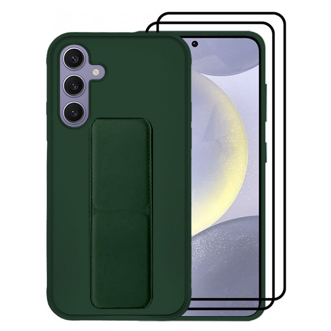CATANES 3 Packs For Samsung Galaxy S24 Plus Case and 2 Screen Protectors Magnetic Stand and Holder Premium Silicone Vertical and Horizontal Hand Strap Grip Multi Stand Cover Green