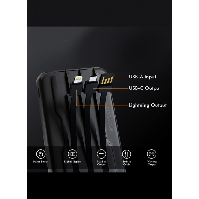 MARGOUN 10000mAh Transparent Maganetic Wireless Power Bank Fast Charging Buit-in 3-in-1 Cables Digital Display Black/Lithium Polymer