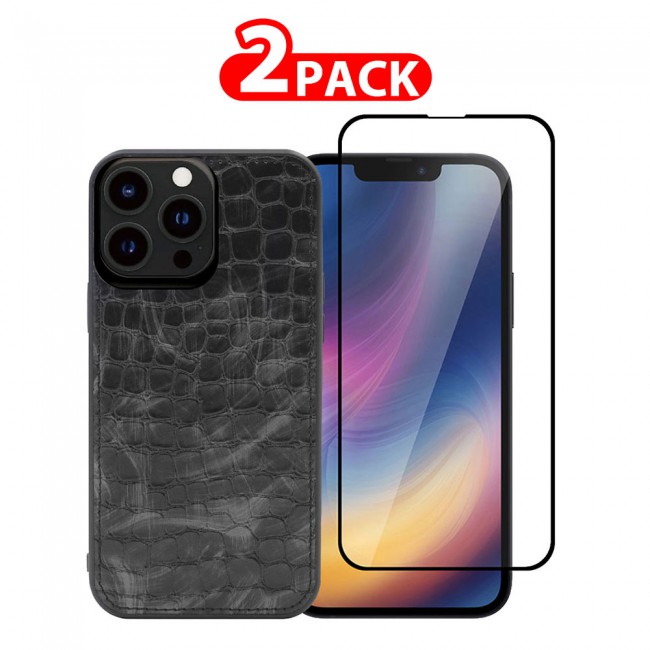 MARGOUN 2 Pack for iPhone 13 Pro Max Case Cover with Screen Protector Tempered Glass, Full Protection Back Case Leather Snake Skin Pattern - Black