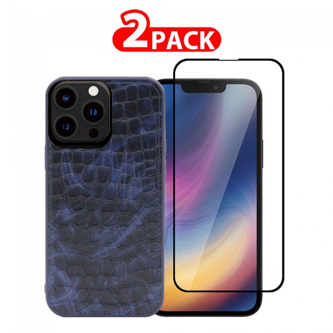 MARGOUN 2 Pack for iPhone 13 Pro Max Case Cover with Screen Protector Tempered Glass, Full Protection Back Case Leather Snake Skin Pattern - Dark Blue