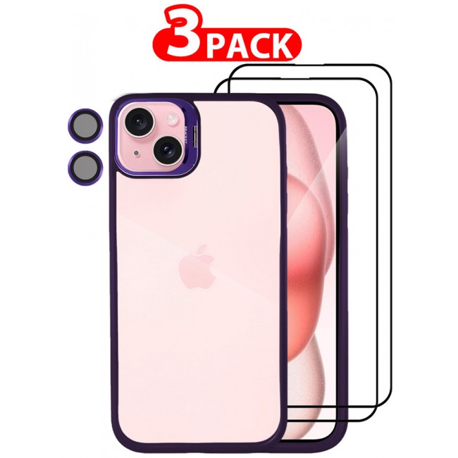 CATANES 3 Pack iPhone 15 Plus Case Cover and Lens Protector and 2 Screen Protectors Built-in Camera Stand and Compatible with MagSafe Full Body Shockproof Case Clear Purple