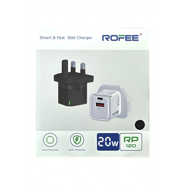 Rofee Dual Port Wall Charger 20W USB C and USB A Adapter Super Fast Charging Block Charger 3 Pins Adapter Black