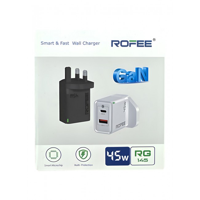 Rofee Dual Port Wall Charger 45W USB C and USB A Adapter Super Fast Charging Block Charger 3 Pins Adapter White