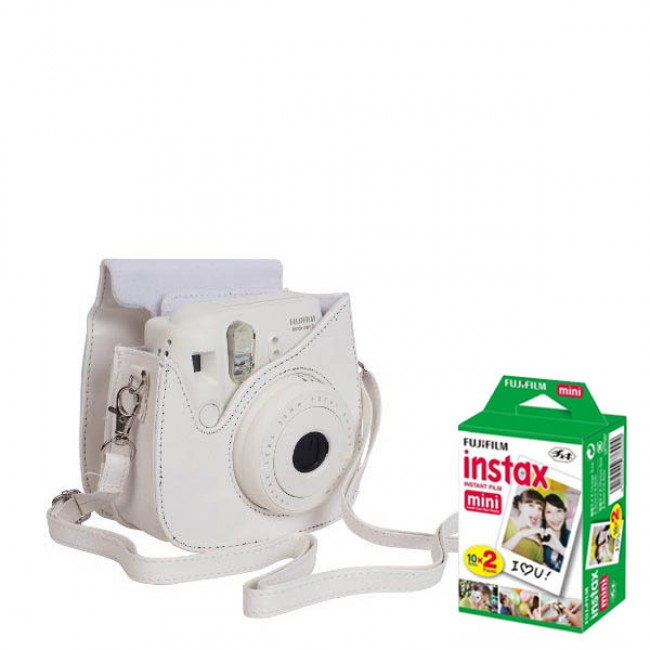 FujiFilm Instax Mini 8 Instant Film Camera + Instax Mini Film Twin Pack (20  Sheets) + PU leather Case in White