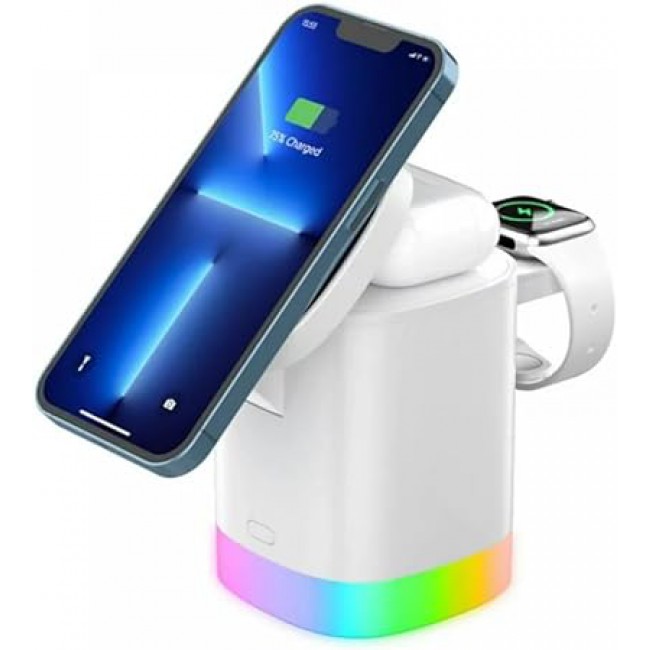 MARGOUN For 3-in-1 Magnetic Wireless Charger, 15W USB-C Fast Charger For iPhone iWatch AirPods Cordless Charging Station With RGB Light (White)