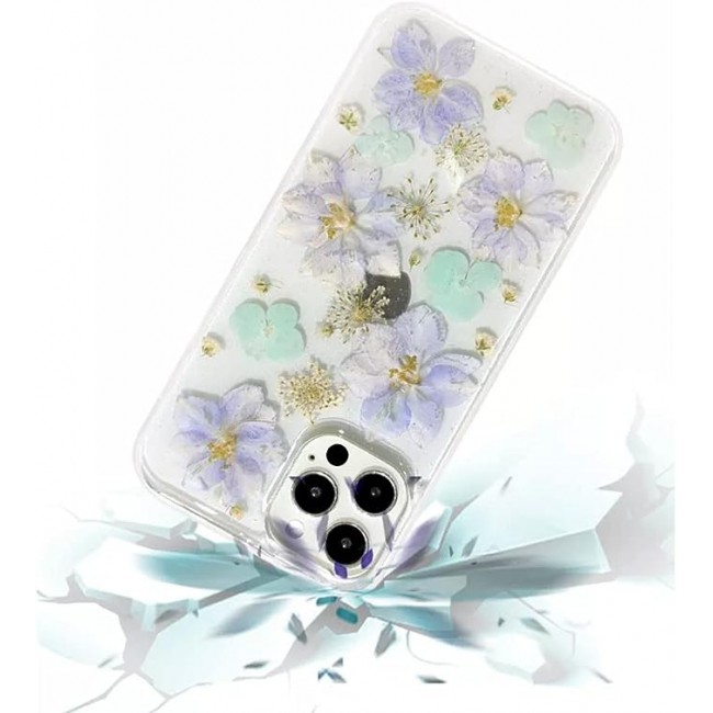 K-DOO For iPhone 12 pro max Flowers Series Case 3D Glitter Floral Shockproof Cover with Genuine Dried Flowers (Iphone 12 pro max Green/Purple)