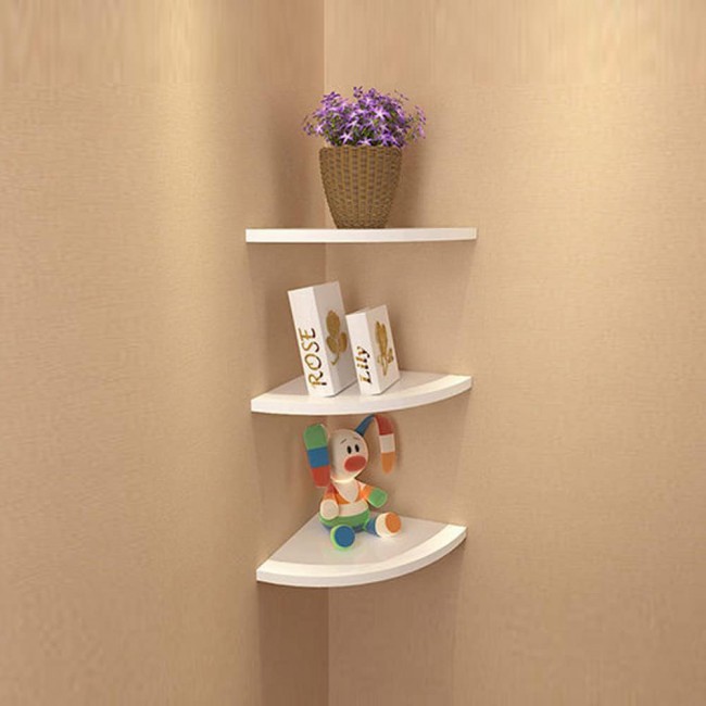 MARGOUN 3-Tier Corner Shelf Floating Wall Mount, Quarter Round Storage Shelves Corner Organizer for Bathroom Kitchen Bedroom Living Room (25 cm, white)