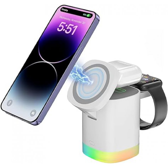 MARGOUN For 3-in-1 Magnetic Wireless Charger, 15W USB-C Fast Charger For iPhone iWatch AirPods Cordless Charging Station With RGB Light (White)