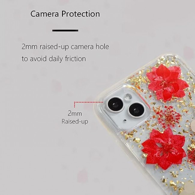 K-DOO For iPhone 13 Flowers Series Case 3D Glitter Floral Shockproof Cover with Genuine Dried Flowers (iphone 13 Red/Gold)