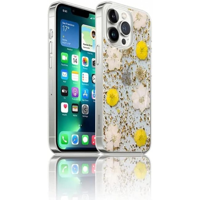 K-DOO For iPhone 13 pro Flowers Series Case 3D Glitter Floral Shockproof Cover with Genuine Dried Flowers (iphone 13 pro Yellow/White)