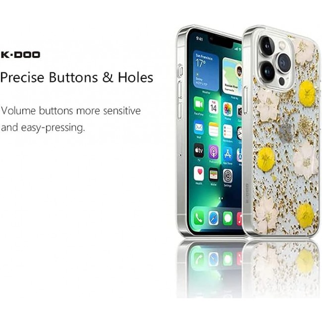 K-DOO For iPhone 13 pro Flowers Series Case 3D Glitter Floral Shockproof Cover with Genuine Dried Flowers (iphone 13 pro Yellow/White)