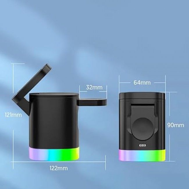 MARGOUN For 3-in-1 Magnetic Wireless Charger, 15W USB-C Fast Charger For iPhone iWatch AirPods Cordless Charging Station With RGB Light (Black)