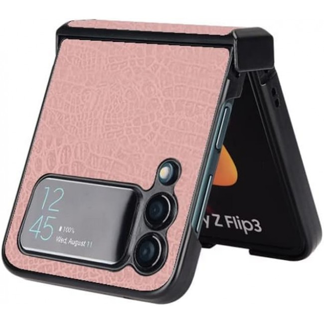 MARGOUN For Samsung Galaxy Z Flip 3 Luxury Leather Case Crocodile Skin Pattern Anti-Scratch Foldable Cover (Pink)
