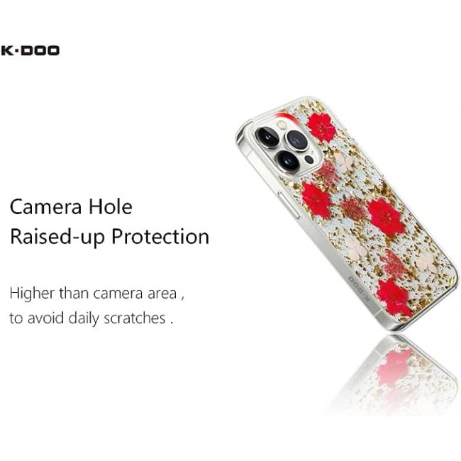 K-DOO For iPhone 13 pro Flowers Series Case 3D Glitter Floral Shockproof Cover with Genuine Dried Flowers (iphone 13 pro Red/Gold)