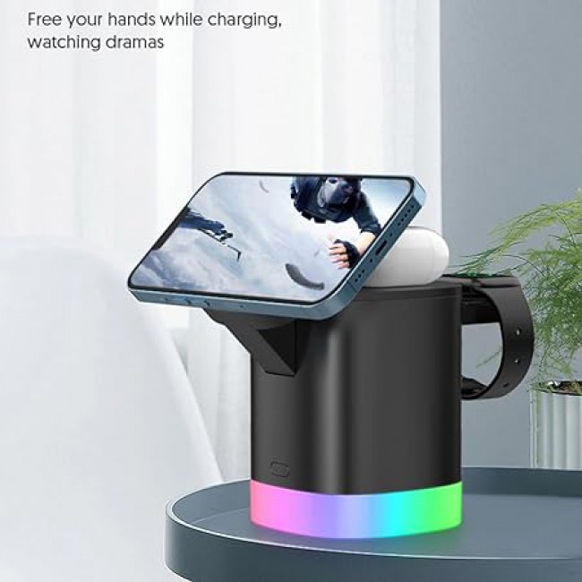 MARGOUN For 3-in-1 Magnetic Wireless Charger, 15W USB-C Fast Charger For iPhone iWatch AirPods Cordless Charging Station With RGB Light (Black)