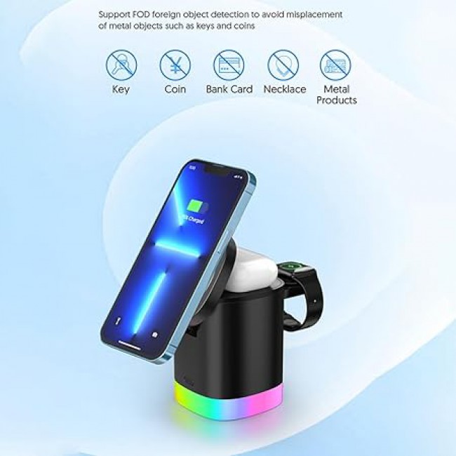MARGOUN For 3-in-1 Magnetic Wireless Charger, 15W USB-C Fast Charger For iPhone iWatch AirPods Cordless Charging Station With RGB Light (Black)