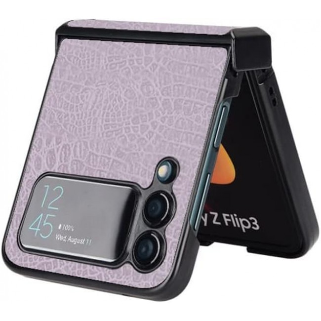 MARGOUN For Samsung Galaxy Z Flip 3 Luxury Leather Case Crocodile Skin Pattern Anti-Scratch Foldable Cover (Purple)