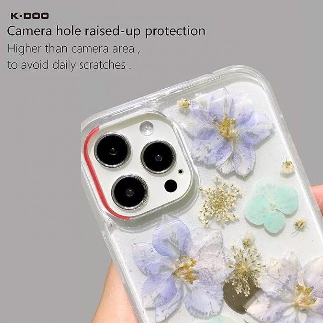 K-DOO For iPhone 13 pro Flowers Series Case 3D Glitter Floral Shockproof Cover with Genuine Dried Flowers (iphone 13 pro Green/Purple)