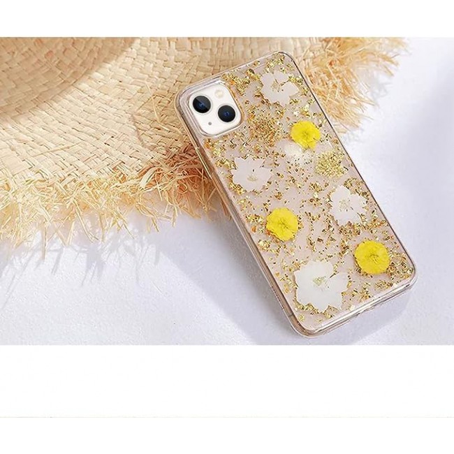K-DOO For iPhone 13 Flowers Series Case 3D Glitter Floral Shockproof Cover with Genuine Dried Flowers (iphone 13 Yellow/White)