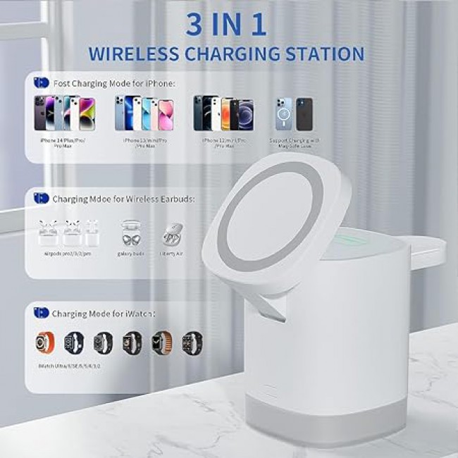 MARGOUN For 3-in-1 Magnetic Wireless Charger, 15W USB-C Fast Charger For iPhone iWatch AirPods Cordless Charging Station With RGB Light (White)