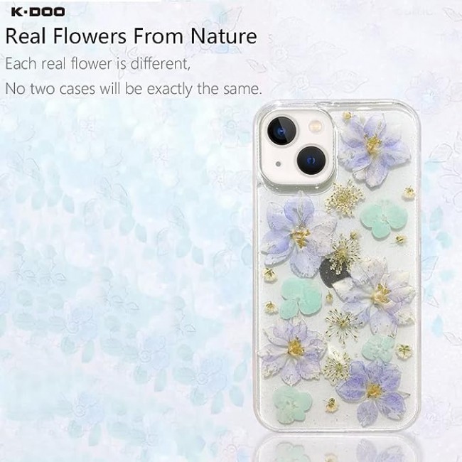 K-DOO For iPhone 13 Flowers Series Case 3D Glitter Floral Shockproof Cover with Genuine Dried Flowers (iphone 13 Green/Purple)