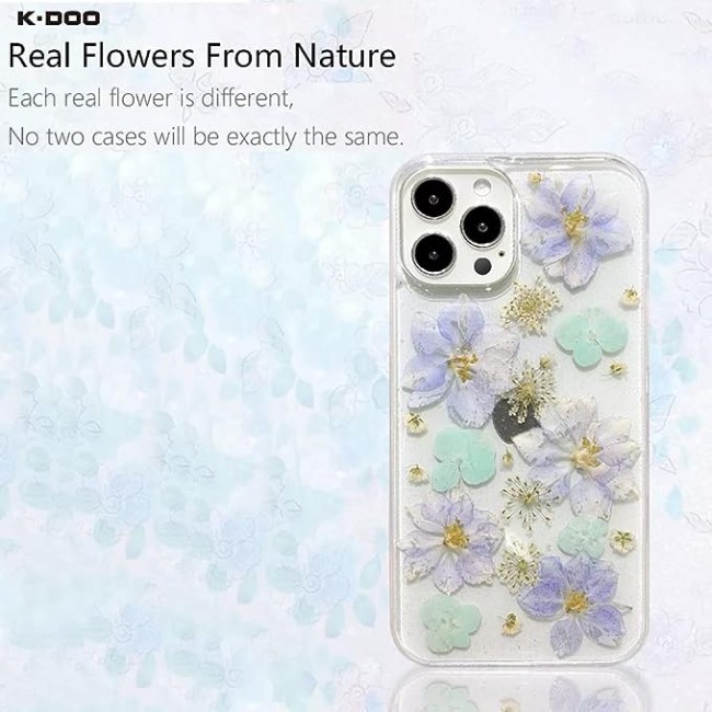 K-DOO For iPhone 12 pro max Flowers Series Case 3D Glitter Floral Shockproof Cover with Genuine Dried Flowers (Iphone 12 pro max Green/Purple)