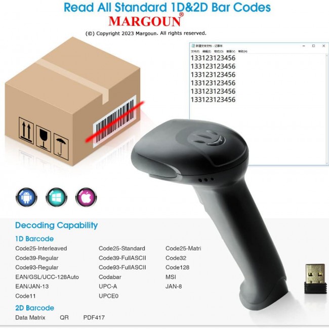 MARGOUN Wireless 2D Laser Barcode Scanner Compatible with Bluetooth, Portable USB QR Barcode (X-9701CH)