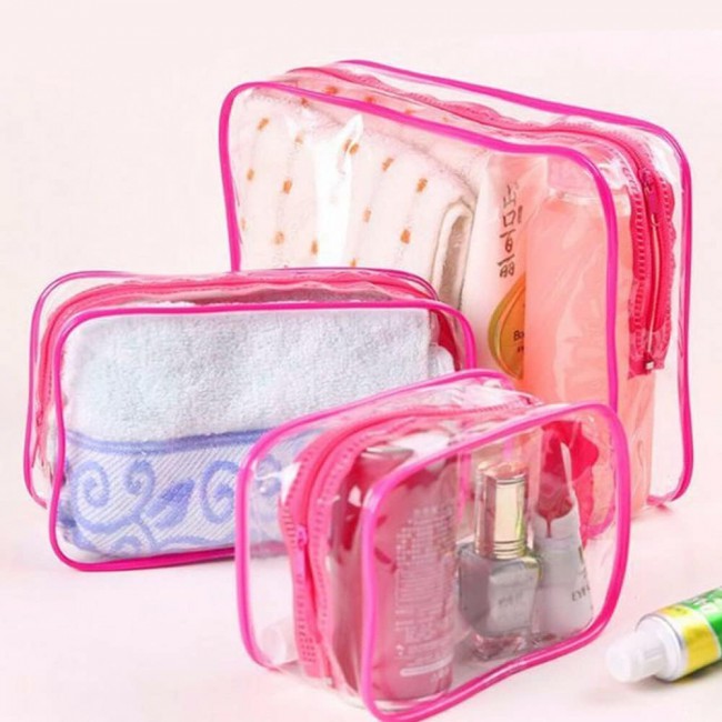 MARGOUN 3pcs Set Makeup Organizer PVC Cosmetic Bag Women Transparent Clear Zipper Bag Bath Wash Organizer Handbags Case Tools Accessories (Pink 3Pcs Set)