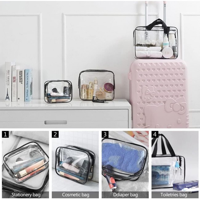 MARGOUN 3pcs Set Makeup Organizer PVC Cosmetic Bag Women Transparent Clear Zipper Bag Bath Wash Organizer Handbags Case Tools Accessories (Black 3Pcs Set)