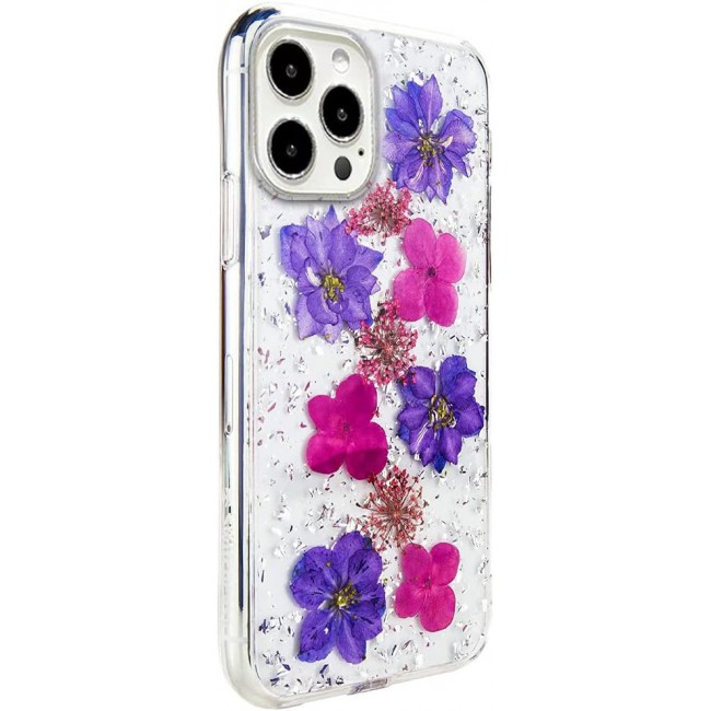 K-DOO For iPhone 12 pro max Flowers Series Case 3D Glitter Floral Shockproof Cover with Genuine Dried Flowers (Iphone 12 pro max Purple/Pink)