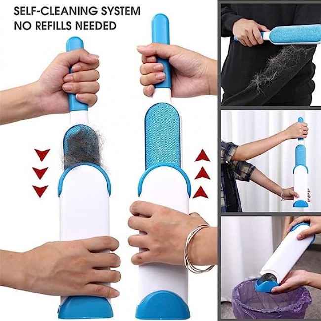 MARGOUN Pet Hair Remover Lint Brush With Self-Cleaning Base, Reusable Fluff Remover for Clothes, Double-sided Fur Brush for Dog and Cat (Blue)