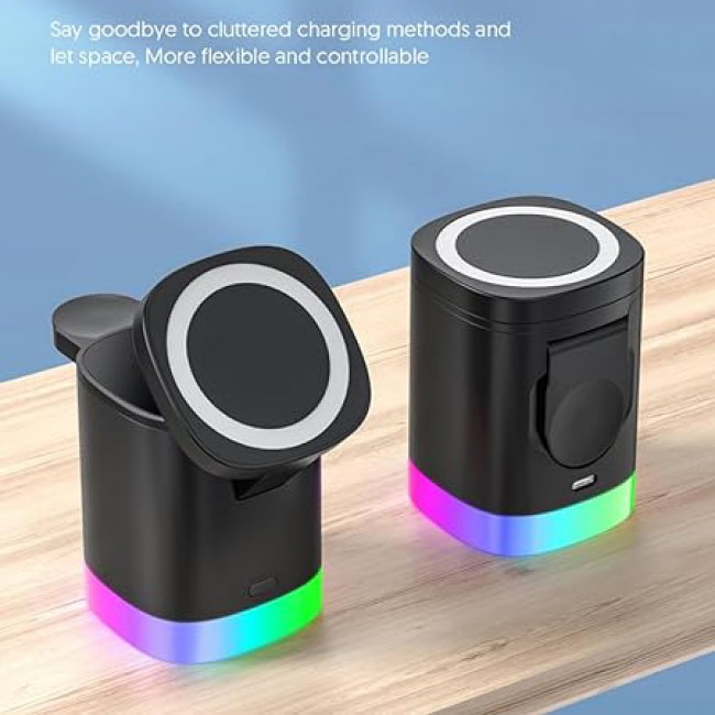 MARGOUN For 3-in-1 Magnetic Wireless Charger, 15W USB-C Fast Charger For iPhone iWatch AirPods Cordless Charging Station With RGB Light (Black)