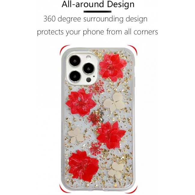 K-DOO For iPhone 12 pro max Flowers Series Case 3D Glitter Floral Shockproof Cover with Genuine Dried Flowers (Iphone 12 pro max Red/Gold)