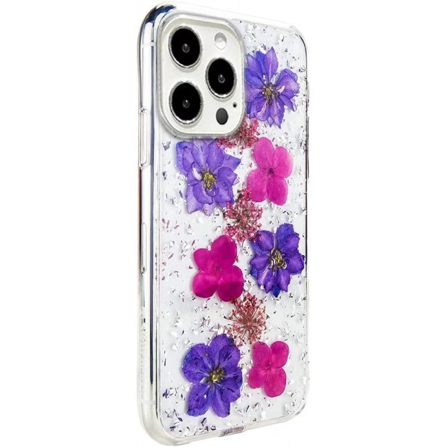 K-DOO For iPhone 13 pro Flowers Series Case 3D Glitter Floral Shockproof Cover with Genuine Dried Flowers (iphone 13 pro Purple/Pink)