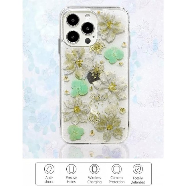 K-DOO For iPhone 12 pro max Flowers Series Case 3D Glitter Floral Shockproof Cover with Genuine Dried Flowers (iphone 12 pro max green)
